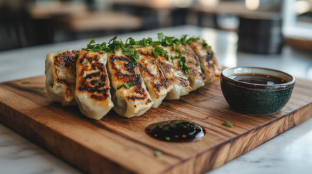 A playful scene with gyoza arranged on a wooden cutting board, alongside a small ceramic dish of soy sauce, creating an inviting atmosphere for a meal.の素材