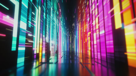 Experience a mesmerizing journey through a futuristic neon tunnel filled with vibrant colors and dynamic light patterns, perfect for digital art projects.の素材