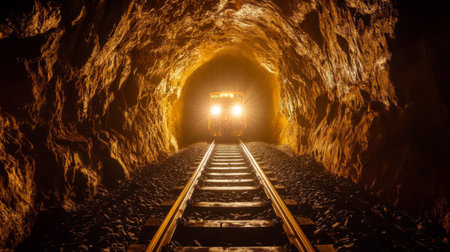 A captivating scene of a train entering a dark mine tunnel, illuminated by bright lights. The image showcases the contrast between light and shadow in an industrial setting.の素材