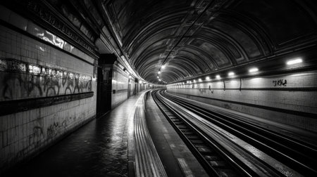 A captivating black and white image of an underground subway tunnel featuring curved tracks and unique architectural details, evoking a sense of mystery.の素材