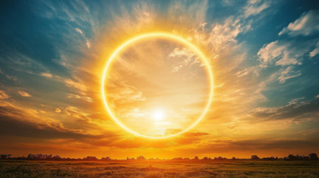 A breathtaking scene of a solar halo in a vibrant sky during sunset. The warm colors create a serene atmosphere over open fields, perfect for nature lovers.の素材
