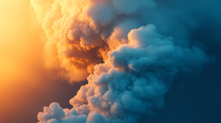 Captivating view of colorful volcanic clouds rising into the sky at dusk, showcasing the vibrant interplay of orange and blue hues against a dramatic background.の素材