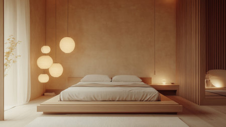This photo features a serene modern bedroom designed with minimalist aesthetics and soft lighting, creating a warm and inviting atmosphere perfect for relaxation.の素材