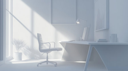 A serene and bright minimalist office space featuring a modern chair and desk. The gentle play of light creates a calm atmosphere ideal for productivity.の素材