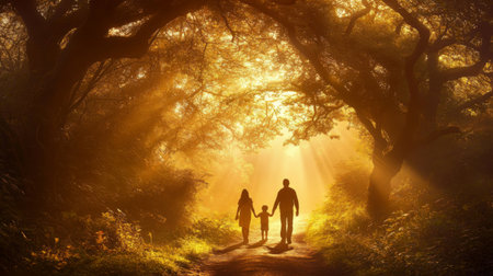 A heartwarming scene of a family walking hand in hand through an enchanting forest, illuminated by warm sunlight beams filtering through the trees.の素材