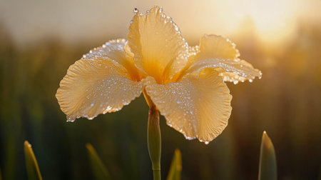 A stunning yellow iris flower covered in dew glistens under the soft light of sunrise, capturing the beauty of nature in a tranquil garden setting.の素材