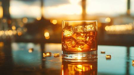 A beautifully captured close-up of a glowing glass of whiskey filled with ice cubes, resting on a bar counter. The warm tones create an inviting atmosphere perfect for relaxation.の素材