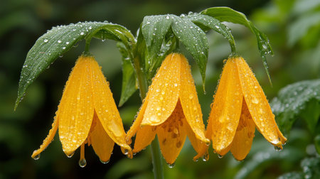 Closeup of vibrant yellow flowers adorned with raindrops, showcasing their beauty against a lush green backdrop, capturing the essence of nature's tranquility and freshness.の素材