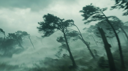A mesmerizing portrayal of a tempestuous weather scene, showcasing trees bending in strong winds, tumultuous waves crashing, and a dramatic sky.の素材
