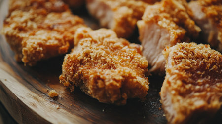 A tantalizing close-up of freshly cooked crispy pork, showcasing its golden-brown crackling skin and succulent meat, served on a rustic wooden plate.の素材