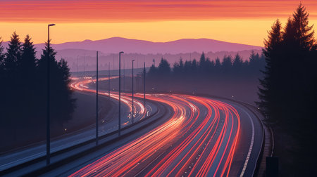 A tranquil scene of a deserted motorway at sunset, with the road disappearing into the horizon, surrounded by silhouettes of trees and distant mountains.の素材