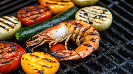 A tantalizing shot of a large shrimp resting on a bed of grilled vegetables, with char marks clearly visible, highlighting the freshness of the dish.の素材