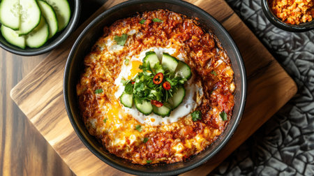 A top-down view of a pan filled with perfectly fried eggs, served alongside a small bowl of chili paste and slices of fresh cucumber on a wooden board.の素材
