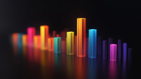 A vibrant D bar chart displaying fluctuating data in various colors, set against a sleek, dark background that highlights the chart's dimensionality.の素材