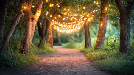 A tranquil park pathway illuminated by soft fairy lights strung across trees, creating a magical ambiance perfect for evening walks and gatherings.の素材