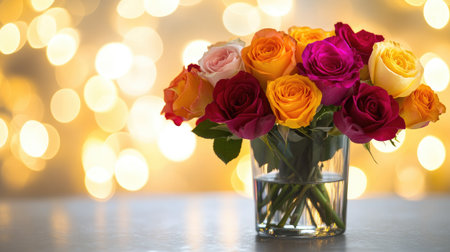 A vibrant arrangement of assorted colored roses in a glass vase, beautifully presented on a table with a blurred background of soft lights, symbolizing love and affection.の素材