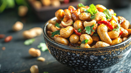 A vibrant selection of roasted nuts, including peanuts and hazelnuts, served in a decorative bowl with a backdrop of fresh herbs and spices for contrast.の素材