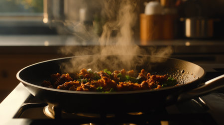 A warm, inviting kitchen scene featuring a skillet with sizzling crispy pork, aromatic herbs, and spices, creating a sense of home-cooked comfort.の素材