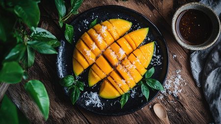A vibrant still life of sliced ripe mangoes drizzled with a glossy sweet fish sauce, arranged artfully on a rustic wooden table, showcasing fresh ingredients.の素材