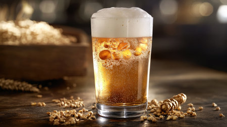 A wide-angle shot of a tall glass of lager with a frothy head, surrounded by barley and hops, capturing the essence of brewing ingredients.の素材