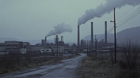 An industrial zone with multiple chimneys emitting pollutants into a gray, overcast sky.の素材
