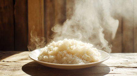 A plate of freshly steamed rice with steam gently rising, showcasing perfect grains on a rustic wooden table. Ideal for meal prep or culinary presentations.の素材