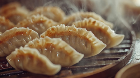 A close-up shot of steaming gyoza, showcasing their crispy bottoms and delicate pleats, with droplets of condensation highlighting their freshness.の素材