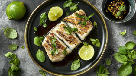 A beautifully presented grilled fish fillet garnished with fresh herbs and lime, perfect for showcasing gourmet culinary skills in a rustic setting.の素材