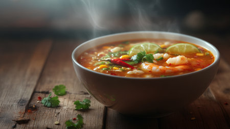 A steaming bowl of spicy shrimp soup loaded with fresh herbs, lime, and vibrant ingredients. Perfect for showcasing culinary warmth and comfort.の素材