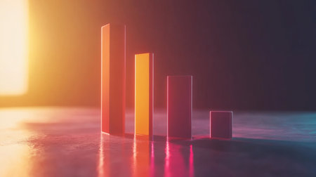 This image features a colorful bar graph on a reflective surface, illuminated by warm light, symbolizing growth and success in business and data analysis.の素材
