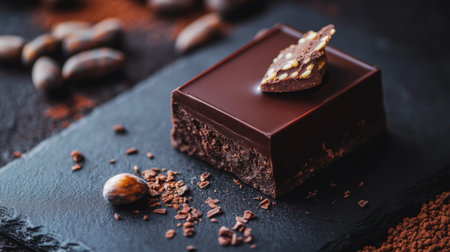 A beautifully styled slice of dark chocolate with a nut garnish rests on a textured slate surface, surrounded by cocoa beans, ideal for food enthusiasts and dessert lovers.の素材
