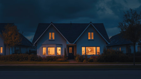 Night view of twin houses with warm interior lights glowing through the windows, highlighting a peaceful suburban setting.の素材