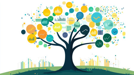 A thriving tree with graphs and charts integrated into its trunk, symbolizing analytics-driven business success.の素材