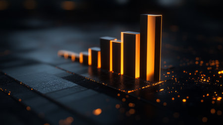 Stunning abstract illustration of a bar graph rising in a dark atmosphere, enhanced by glowing orange elements. Perfect for technology and finance themes.の素材