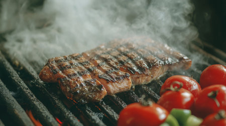 Juicy steak grilling over charcoal, releasing delicious flavors and smoke, surrounded by fresh tomatoes and peppers, perfect for outdoor cooking.の素材