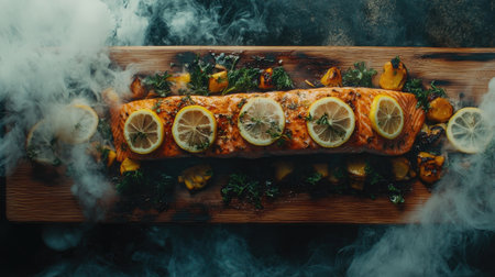A beautifully plated grilled salmon fillet garnished with fresh herbs and lemon slices, resting on a wooden cutting board with a vibrant vegetable medley.の素材