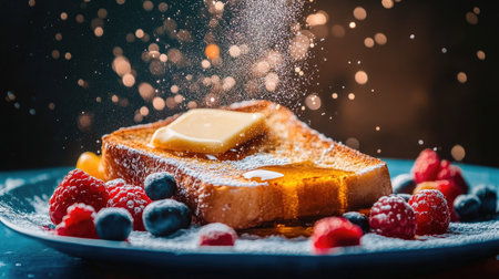 A close-up of a slice of warm honey toast oozing with honey and butter, surrounded by colorful berries and a dusting of powdered sugar on a vibrant plate.の素材