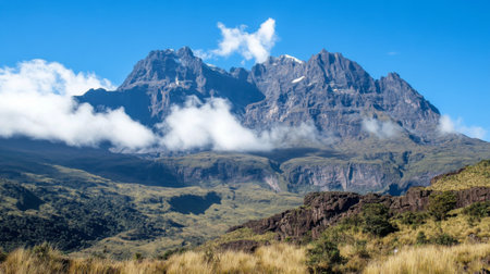 A breathtaking mountain landscape showcasing towering peaks under a clear blue sky with fluffy clouds. Ideal for nature and adventure themes.の素材