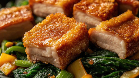 A delectable close-up of crispy pork served on a bed of stir-fried vegetables, highlighting the contrast between the crunchy skin and the vibrant greens.の素材