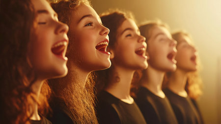 A captivating scene of young girls passionately singing in harmony, showcasing their talent and love for music against a glowing background.の素材