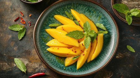A colorful dish showcasing ripe mango slices served with a vibrant sweet fish sauce, garnished with mint leaves and chili for a fresh and zesty finish.の素材