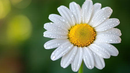 A stunning close-up of a daisy flower adorned with raindrops, showcasing its vibrant yellow center and delicate white petals, set against a soft green backdrop.の素材