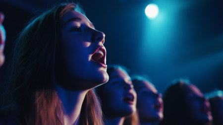 Vibrant scene of an enthusiastic audience during a live music concert. Capturing the energy and emotion as fans passionately sing along to their favorite songs.の素材