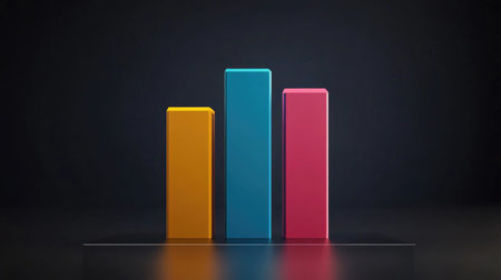 A dynamic D bar graph visualizing survey results, featuring brightly colored bars with shadow effects to give depth, placed on a minimalist surface.の素材