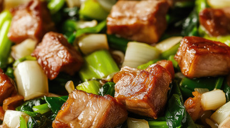 A delectable close-up of crispy pork served on a bed of stir-fried vegetables, highlighting the contrast between the crunchy skin and the vibrant greens.の素材