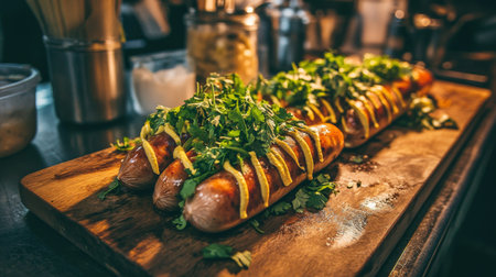 Indulge in these savory grilled sausages beautifully garnished with fresh herbs and a drizzle of mustard, perfect for a delicious outdoor meal.の素材