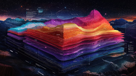 A stacked area chart with vibrant colors on a digital screen, showing layered data distribution over time, symbolizing market trends or resource usage.の素材