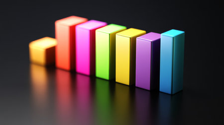 This image features colorful vertical bars arranged in a gradient, symbolizing data growth and progress. Ideal for presentations, reports, and digital content.の素材