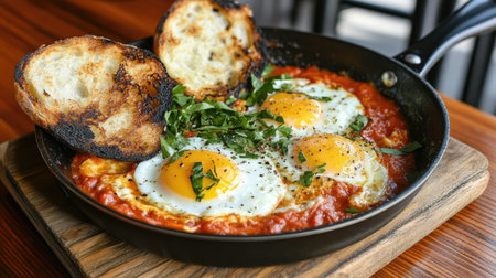 A sizzling hot pan filled with perfectly cooked sunny-side-up eggs, garnished with fresh herbs and served with crispy bread on a rustic wooden table.の素材