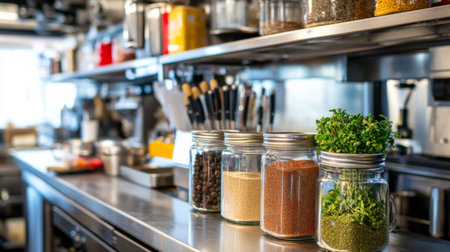 A modern kitchen countertop showcases an array of jars filled with spices and fresh herbs. Perfect for culinary enthusiasts, this photo captures an organized cooking space with essential ingredients, highlighting the beauty of a well-equipped kitchen.の素材